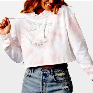 NEW! Pura Vida Live Slow sloth Crop Hoodie - Cotton Sweatshirt, Pink Tie Dye